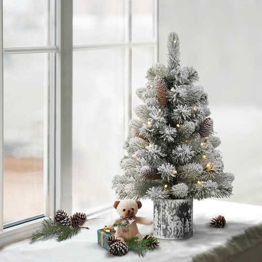 2 ft. Pre-Lit Flocked Table Top Artificial Christmas Tree In Metal Pot